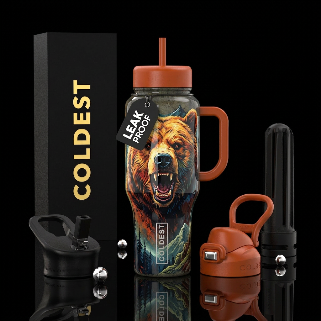 bear, scary, realism, rugged, glossy water bottle design