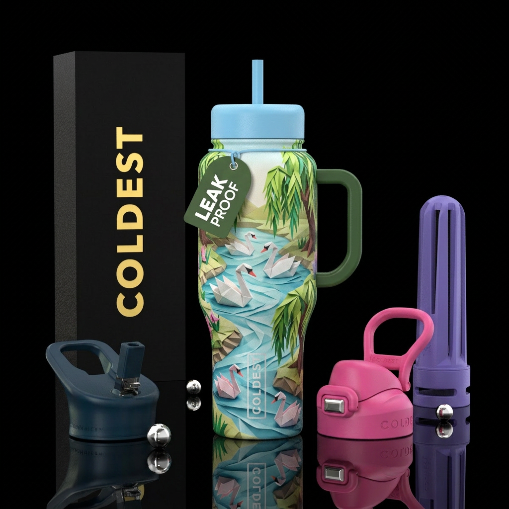 origami, swan, gentle stream, serene, willows water bottle design
