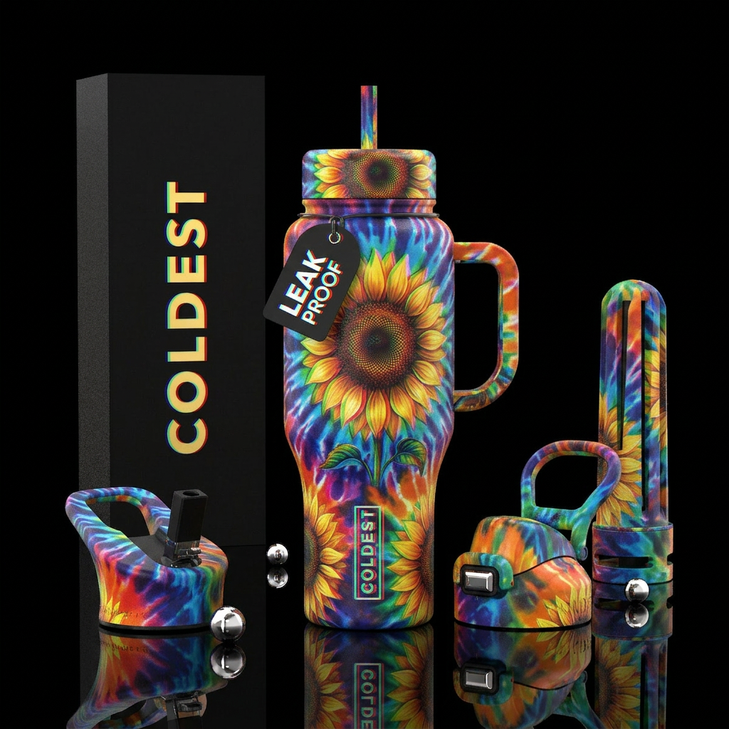 sunflower, rgb shift, bold, rugged, tie-dye water bottle design