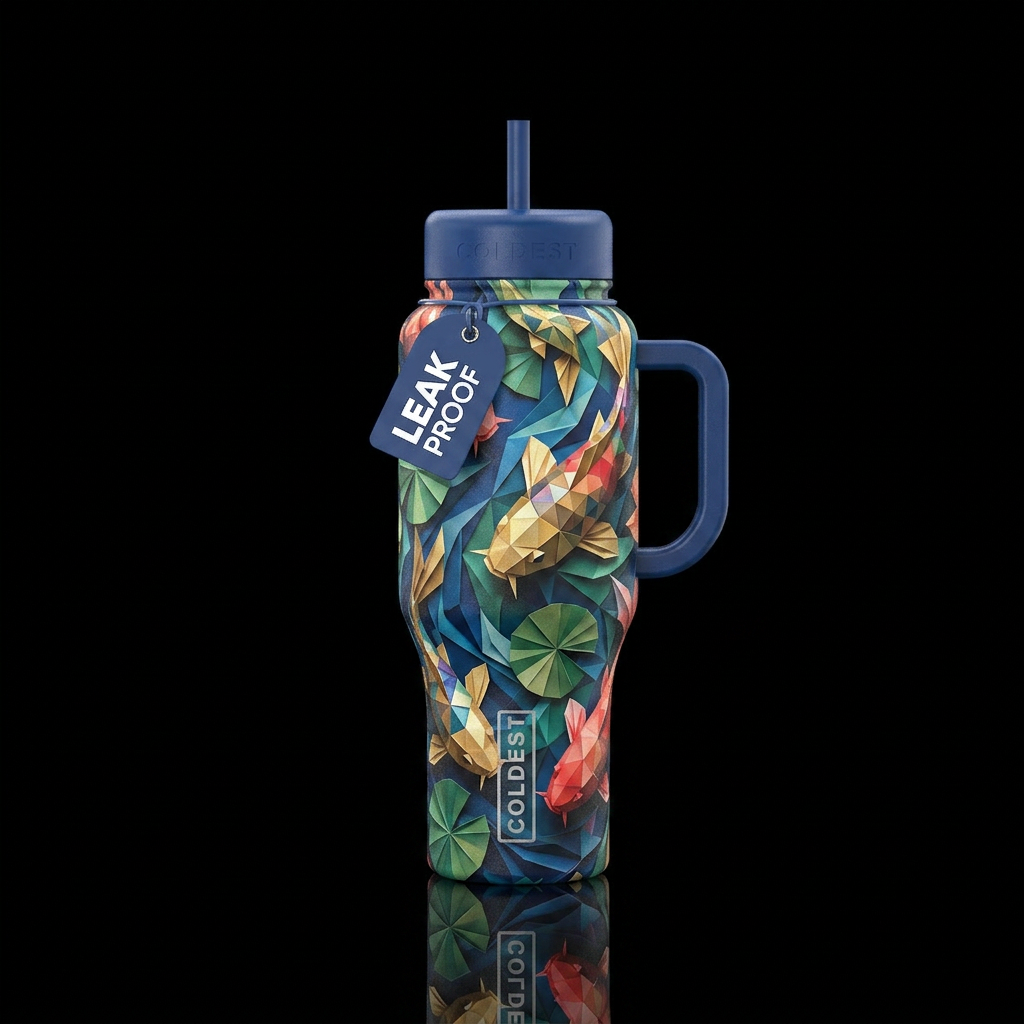 mesmerizing, koi fish, origami, stylistic water bottle design
