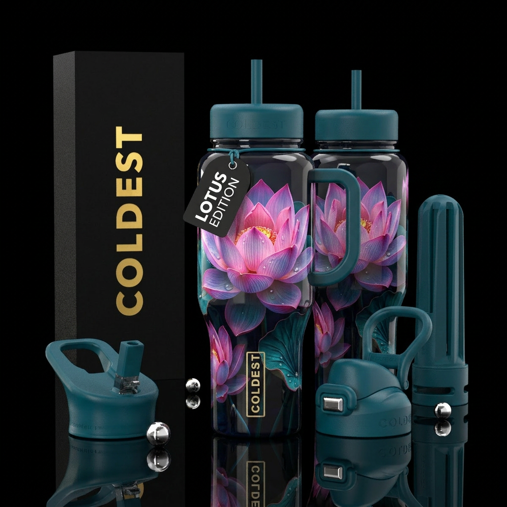 lotus, glossy, realism, please show both the front... water bottle design