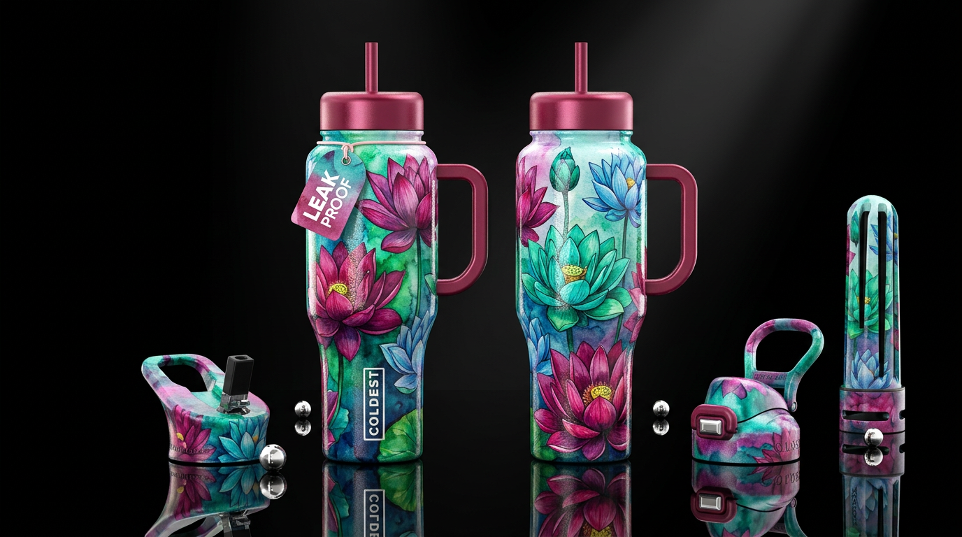 lotus, glossy, hand drawn, patches of brilliant wa... water bottle design