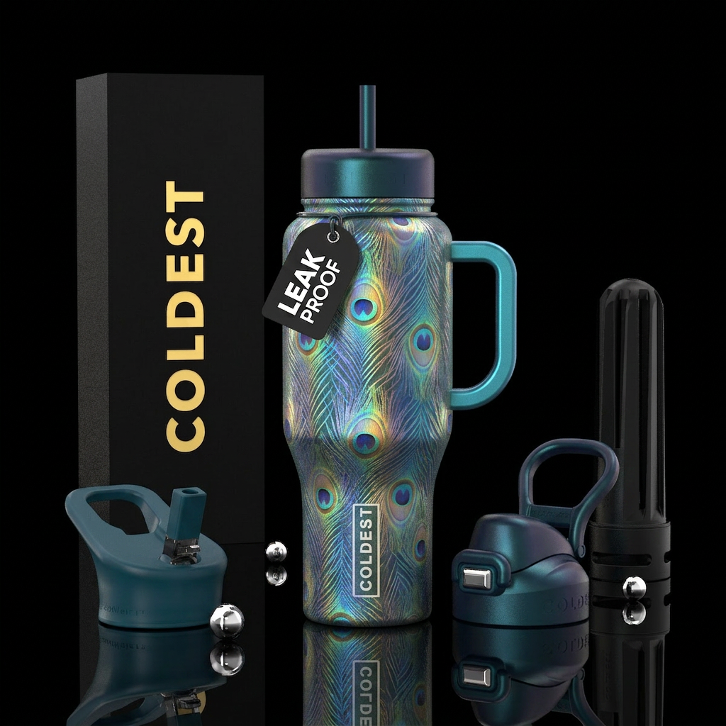 peacock, holographic, subtle water bottle design