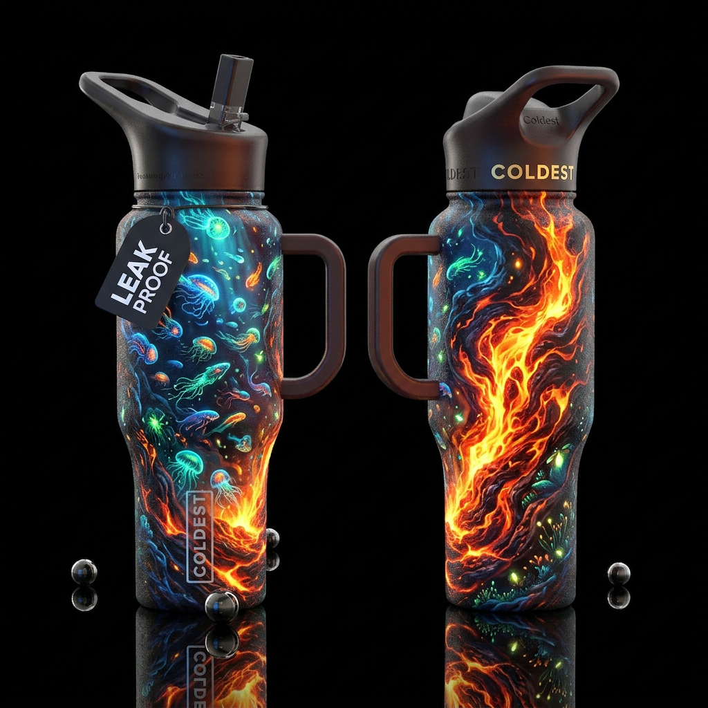 abstract, bioluminescent, artistic, dark mood, sty... water bottle design