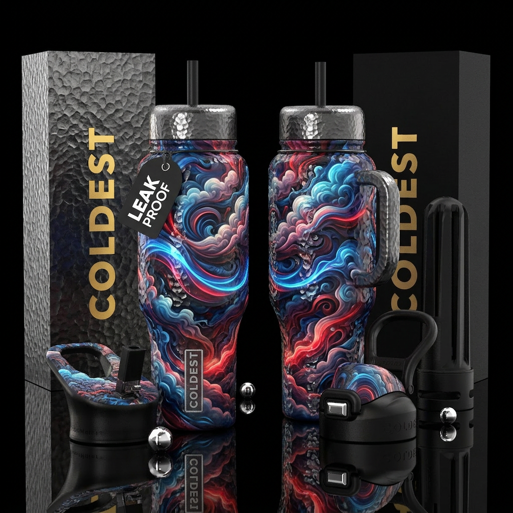 hammered, multicolor, clouds, smoke, flowing, abst... water bottle design