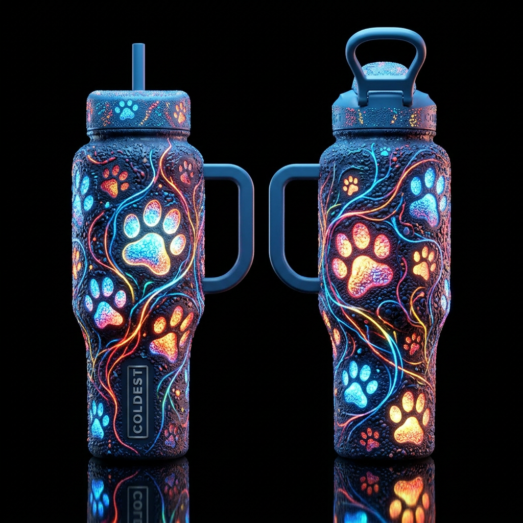 stippling in varying sizes, multicolor, paw prints... water bottle design