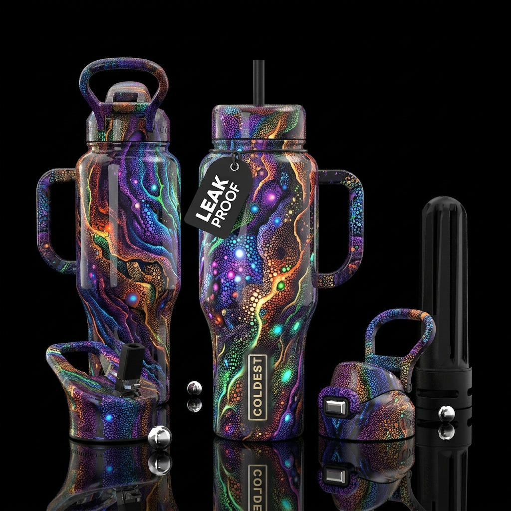 stippling in varying sizes, glowie, multicolor, gl... water bottle design