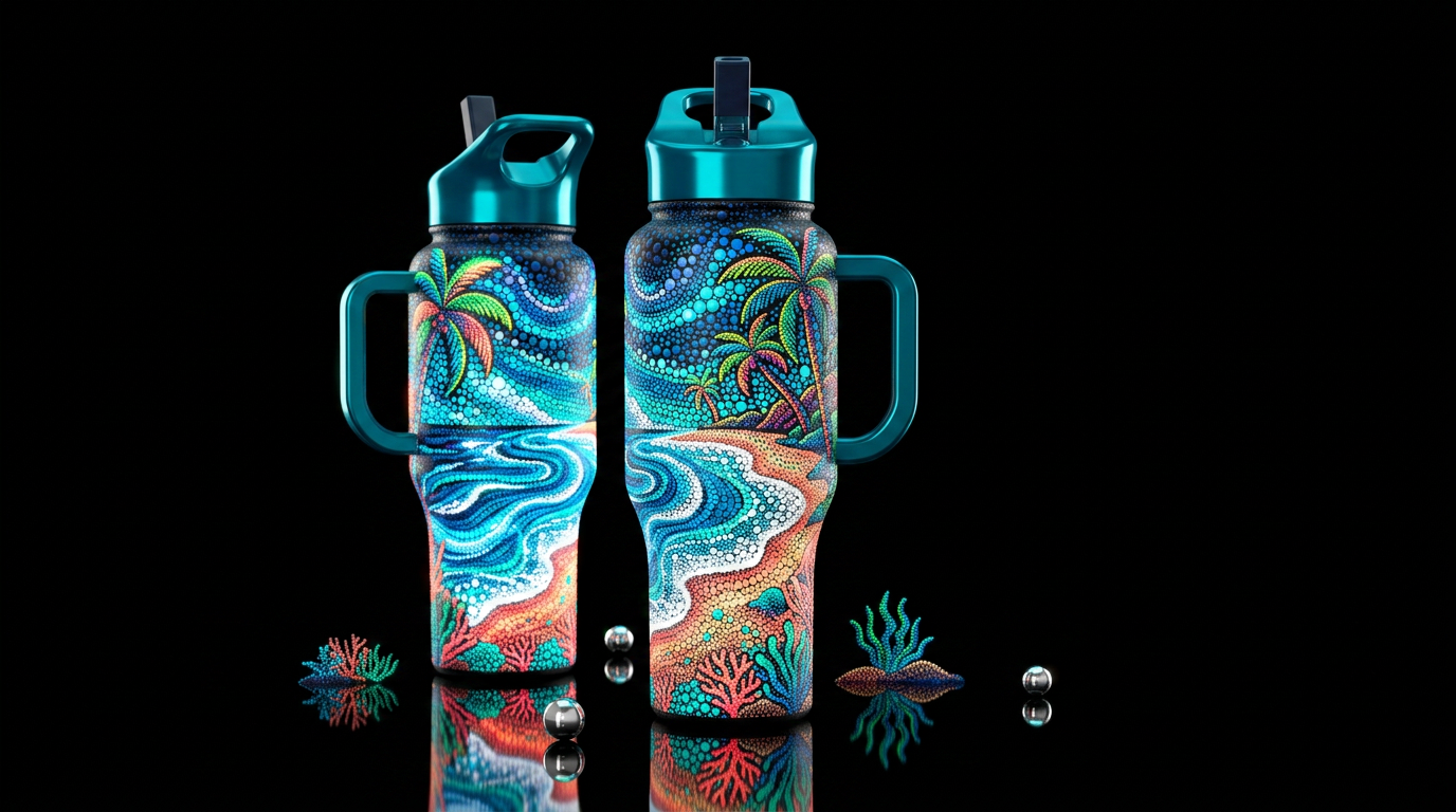 stippling in varying sizes, beach, palm tree, glow... water bottle design