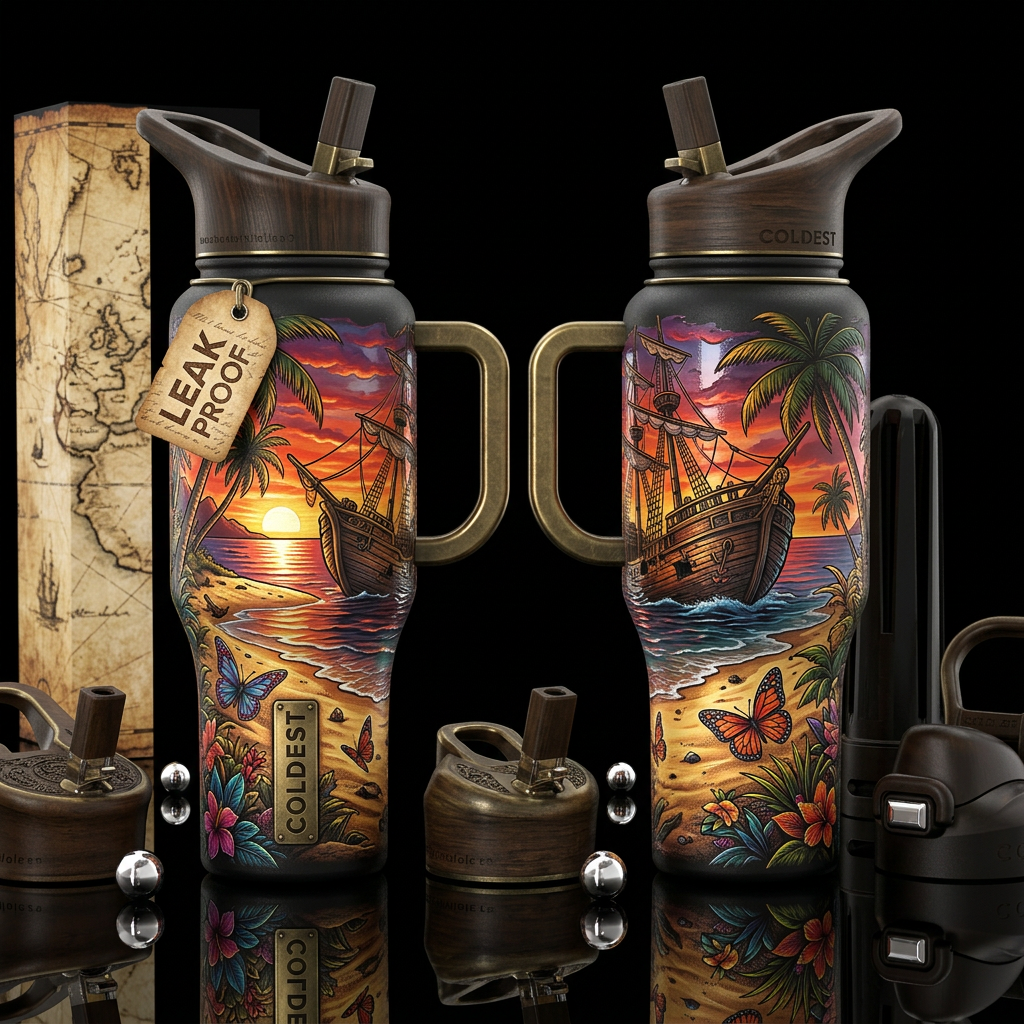 hand drawn, shipwreck on a beach with palm trees, ... water bottle design