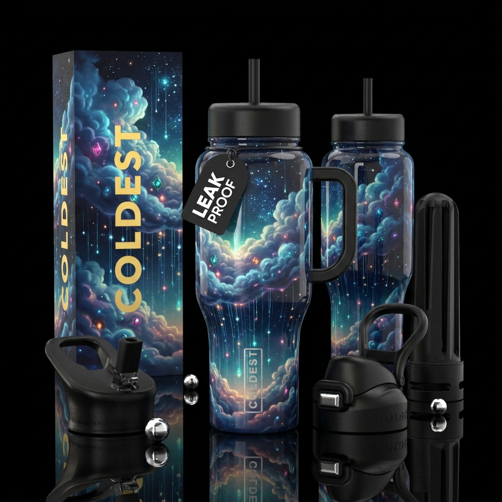 mature, dreamy, glossy, realism, please show both ... water bottle design