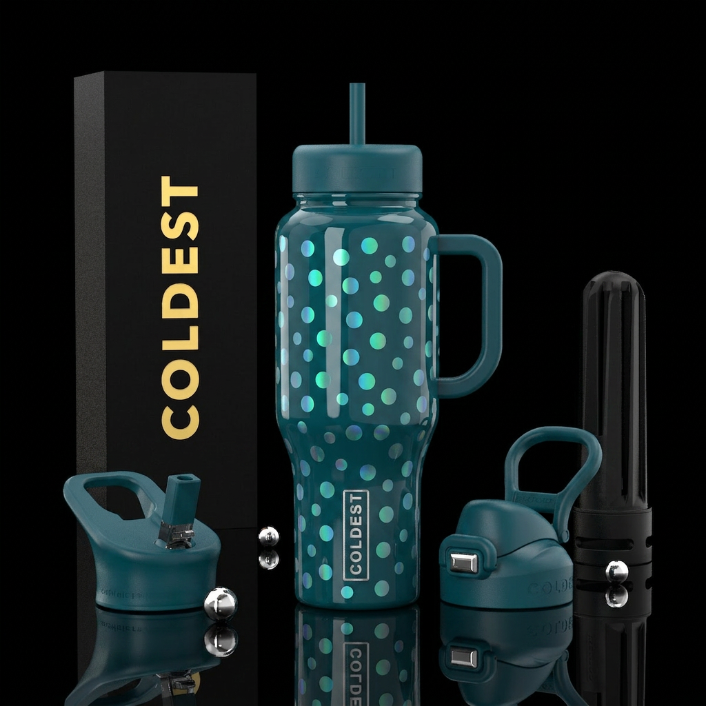 abstract, matte holographic polka dots, modern, gl... water bottle design