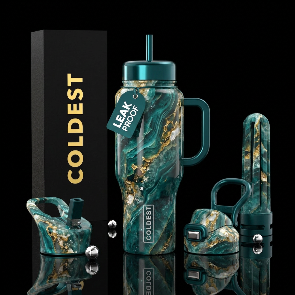 quartz, deep teal with accents of gold and white, ... water bottle design