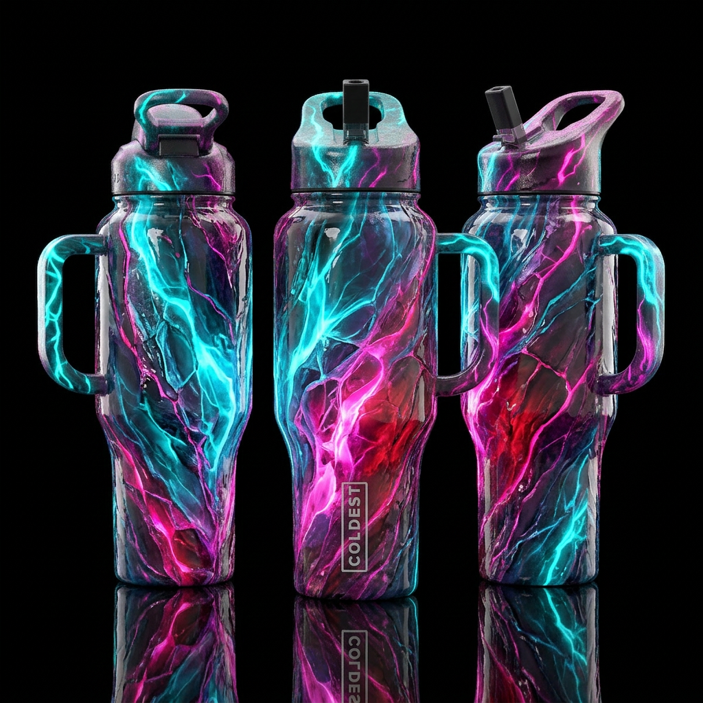 gritty, flowing, edgy, glossy, realism, please sho... water bottle design