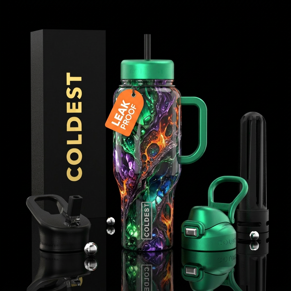 gritty, flowing, edgy, glossy, please show both th... water bottle design