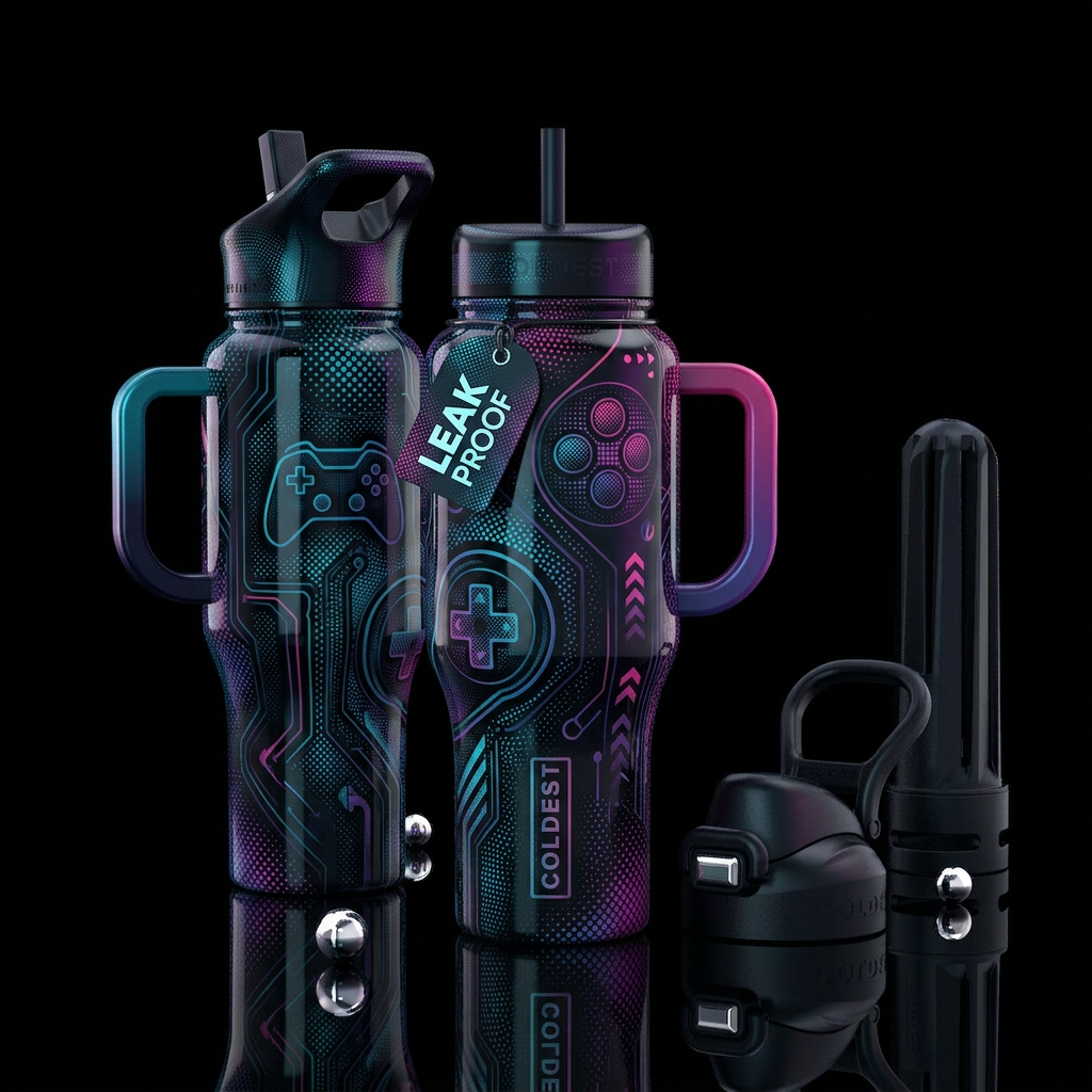 console, game controller, half-tone, glowie accent... water bottle design