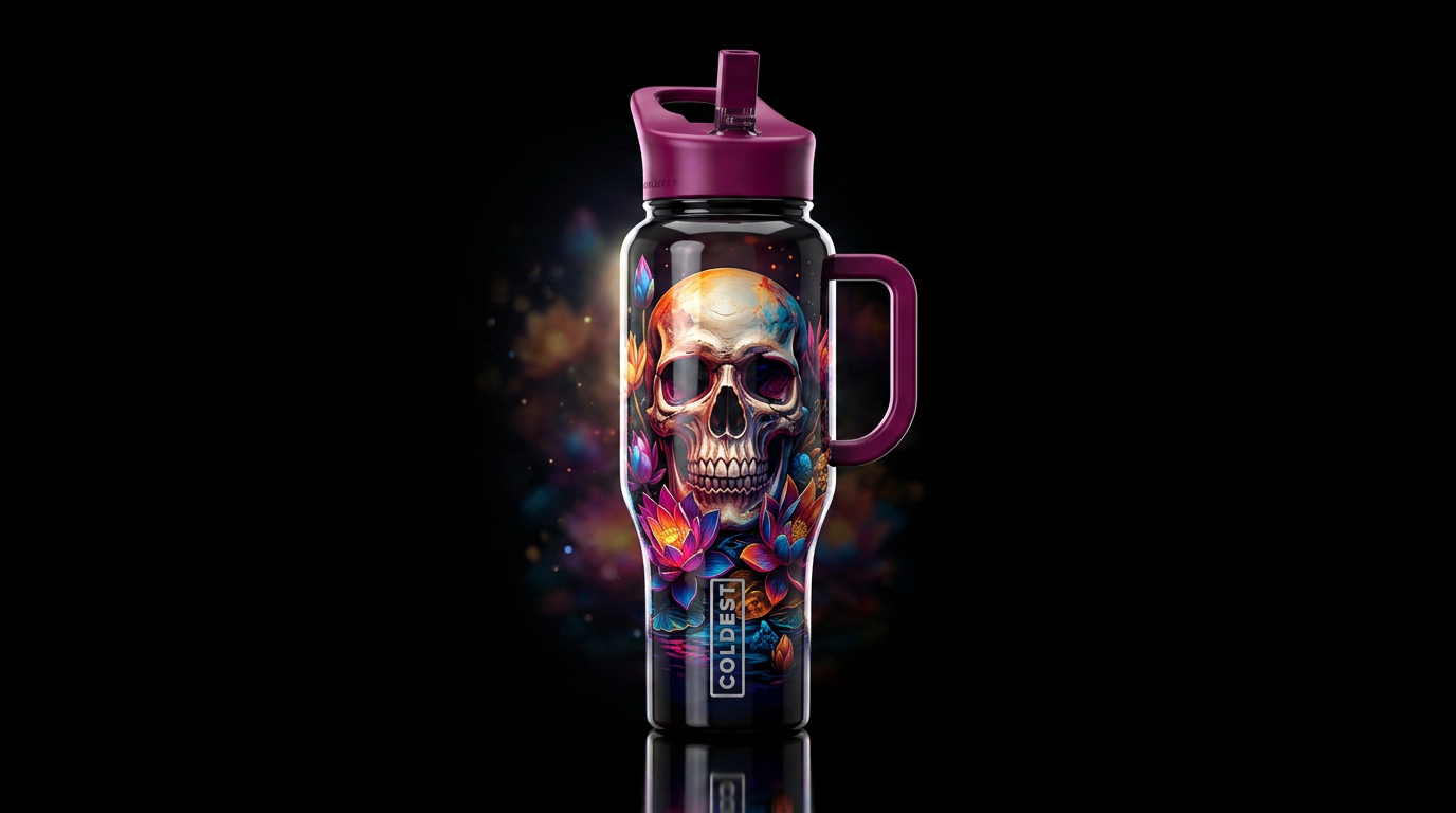 dip-dye, blended skull, lotus spread around the ba... water bottle design