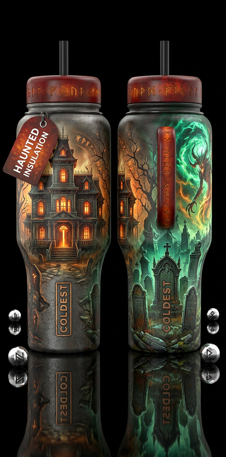 Halloween, realism, edgy, please show both the fro... water bottle design