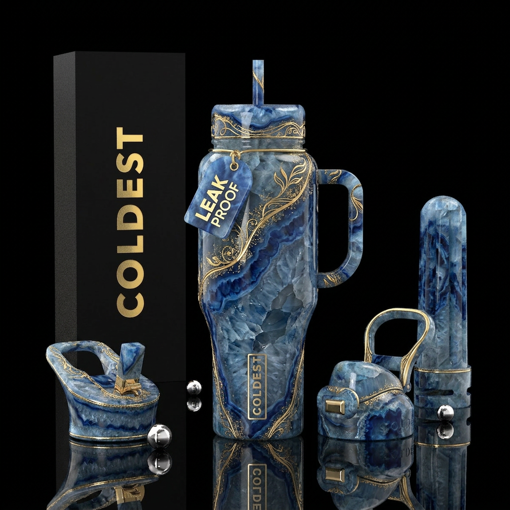 light and deep blue color quartz, gold accents, re... water bottle design