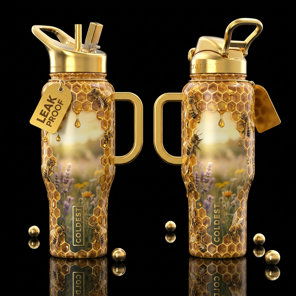 honeycomb, bees, small dripping, realism, blurred ... water bottle design