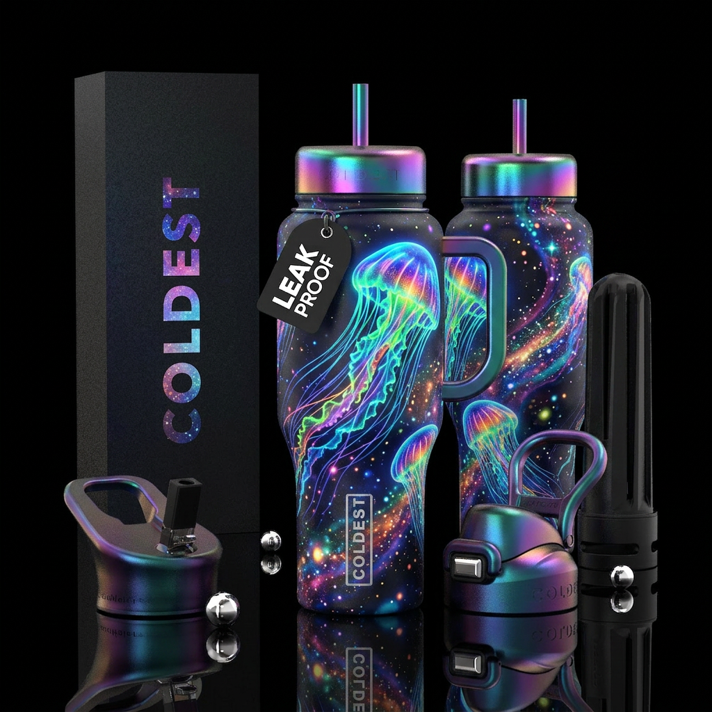 jellyfish, edgy, bokeh, glowie, flowing, abstract,... water bottle design