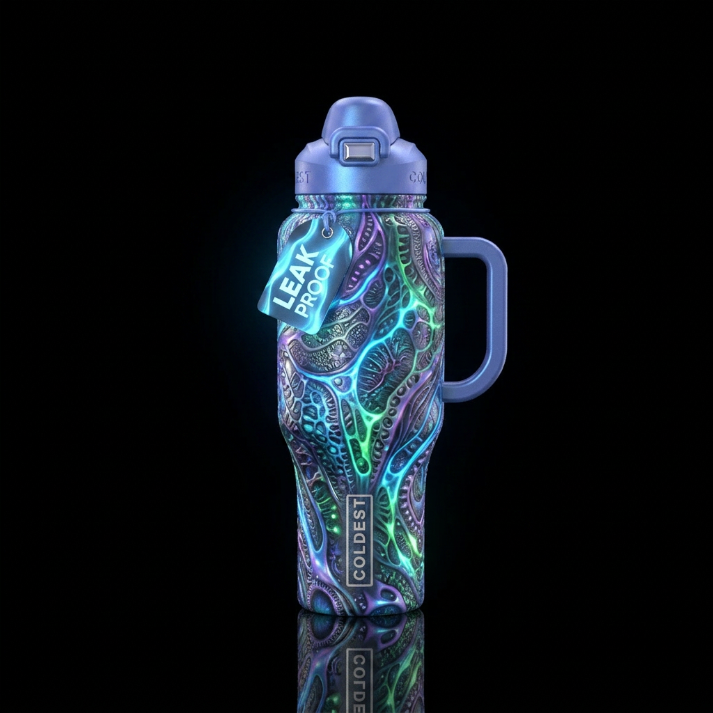 glossy, realism, please show both the front and ba... water bottle design