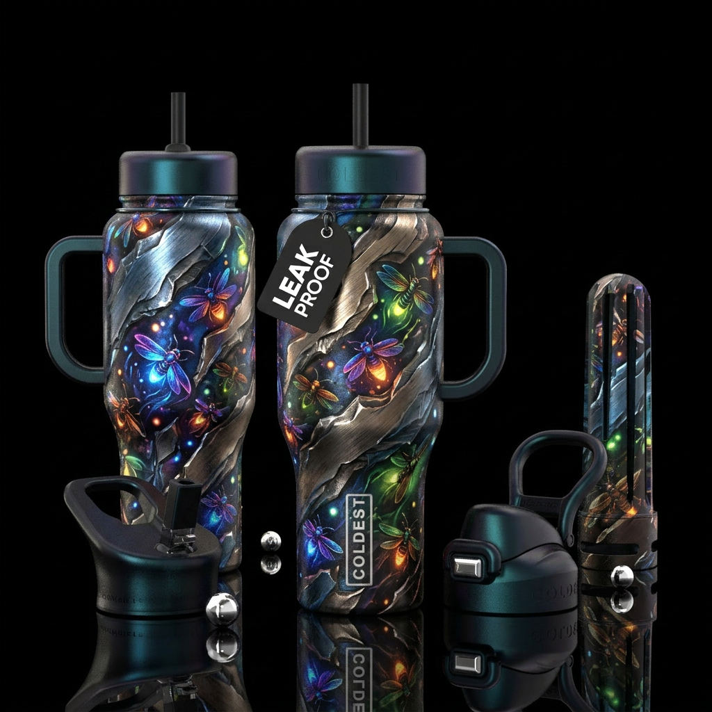 glossy, realism, please show both the front and ba... water bottle design