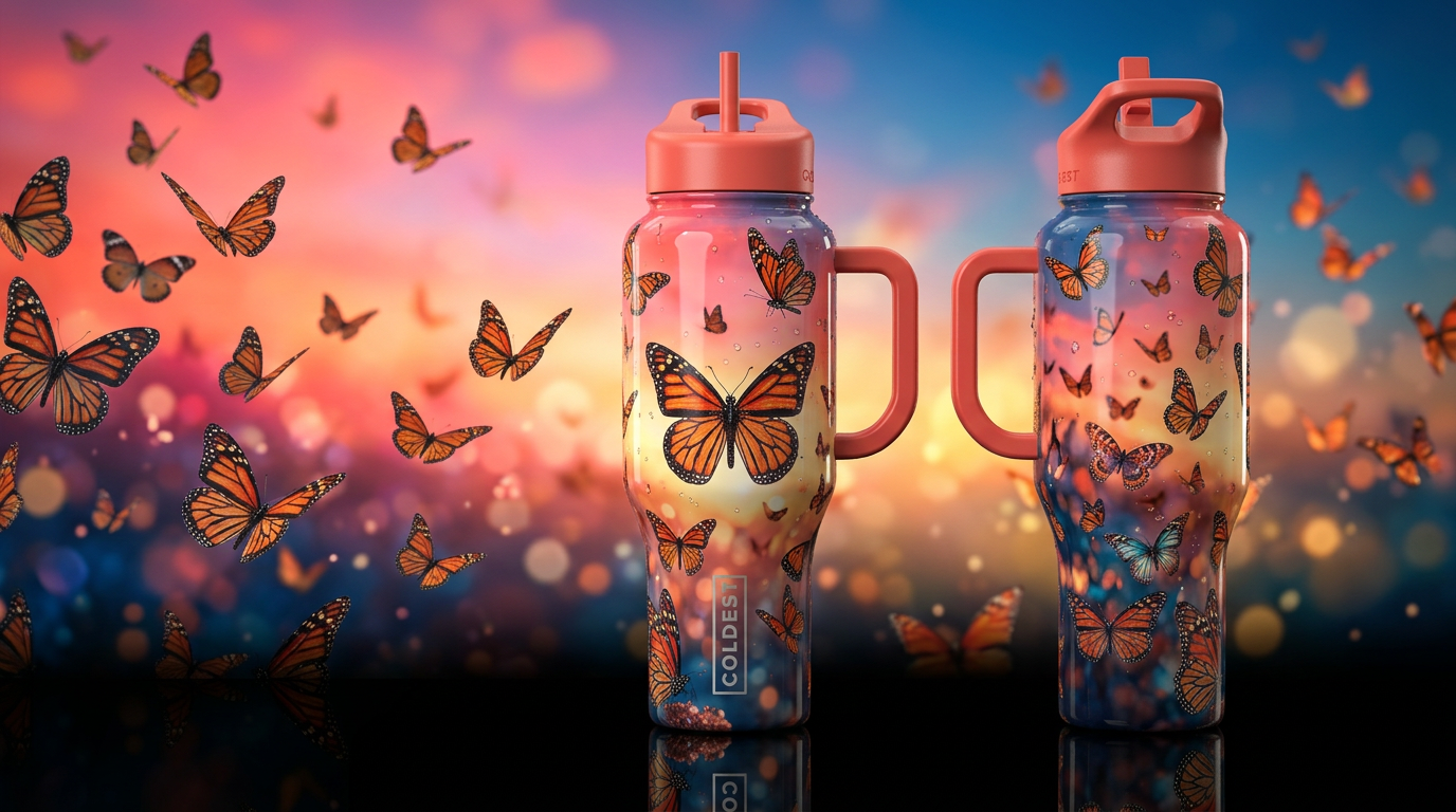 glossy, realism, please show both the front and ba... water bottle design