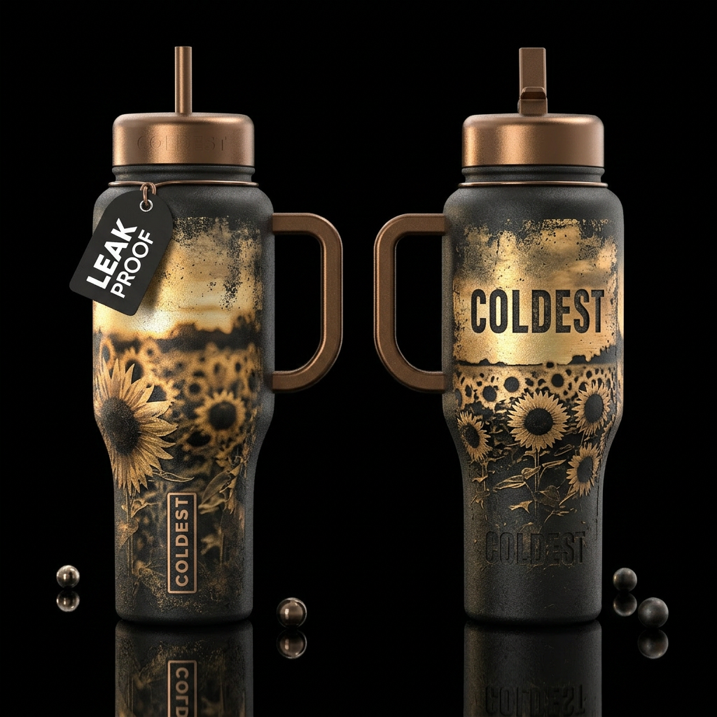 glossy, realism, please show both the front and ba... water bottle design