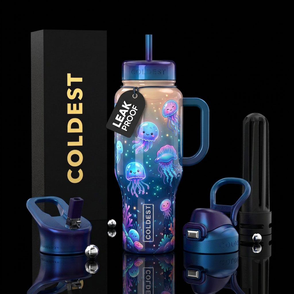 small cute mini jellyfish, cartoon, happy mood, sp... water bottle design