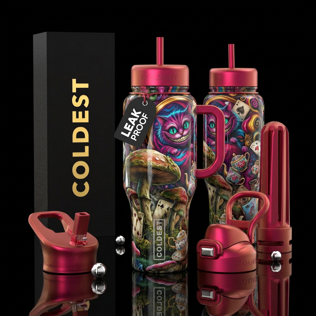 Wonderland, gritty, whimsical, glossy, realism, pl... water bottle design