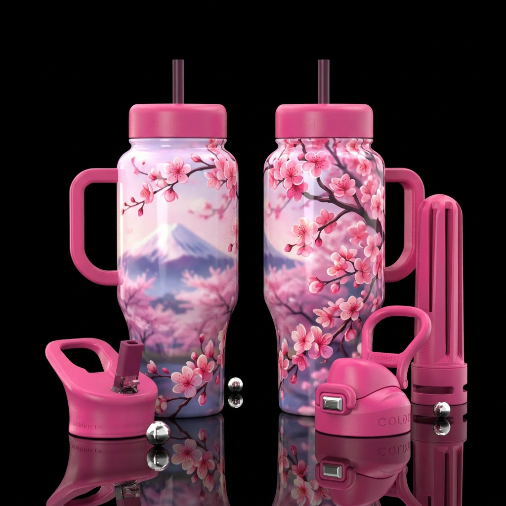 cherry blossom season, cherry blossoms, glowie, bl... water bottle design