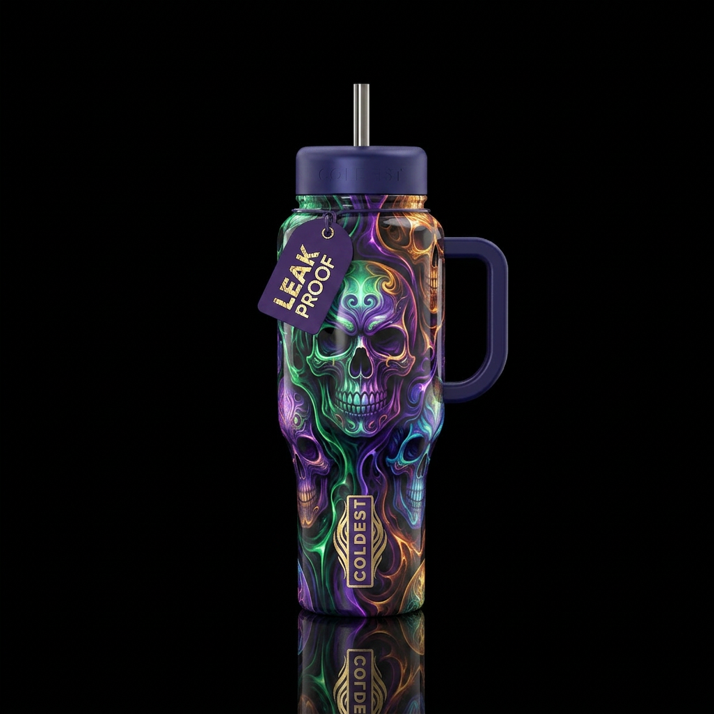 modern, gothic, skull, glowie, flowing, fractals, ... water bottle design