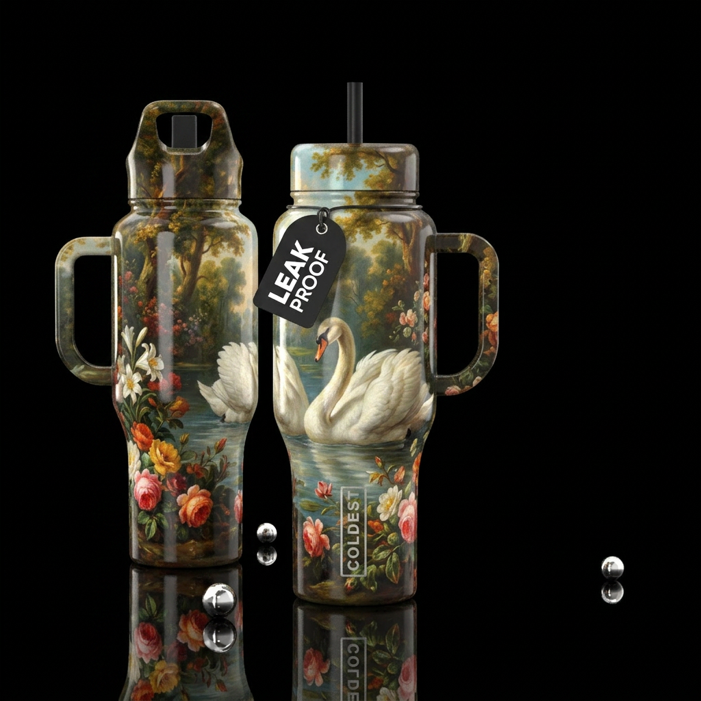 glossy, realism, please show both the front and ba... water bottle design