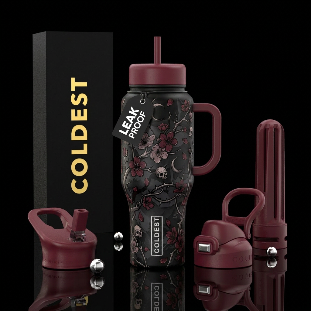 gothic, edgy, monochrome, cherry blossom season water bottle design
