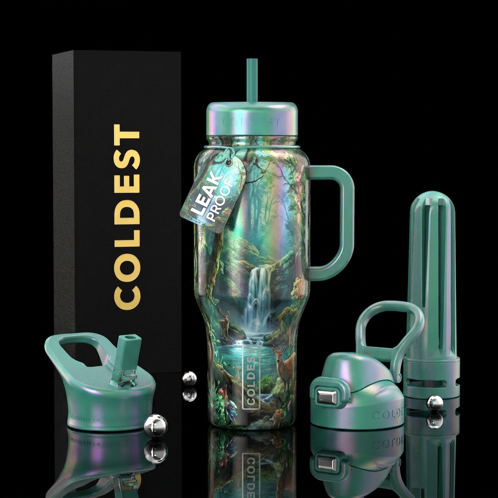 opalescent, forest, hidden waterfall, wildlife water bottle design