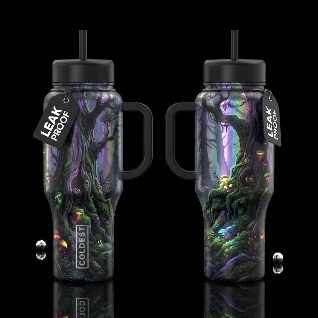 misty forest, opalescent, dark, dark mood, scary, ... water bottle design
