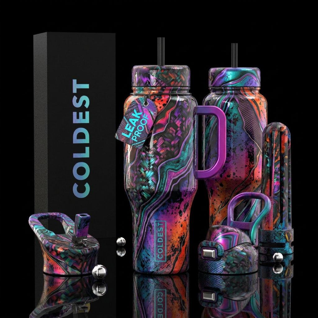 glossy, realism, please show both the front and ba... water bottle design