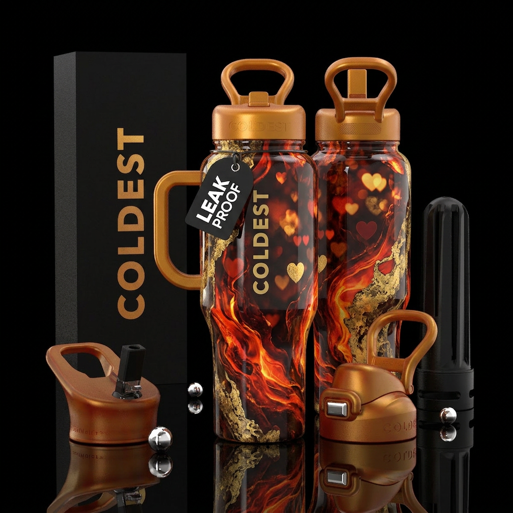 glossy, realism, please show both the front and ba... water bottle design