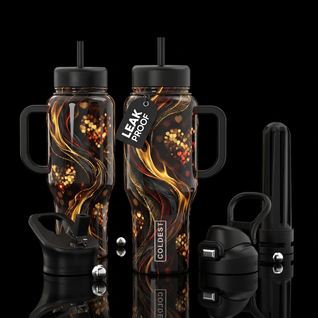 glossy, realism, please show both the front and ba... water bottle design