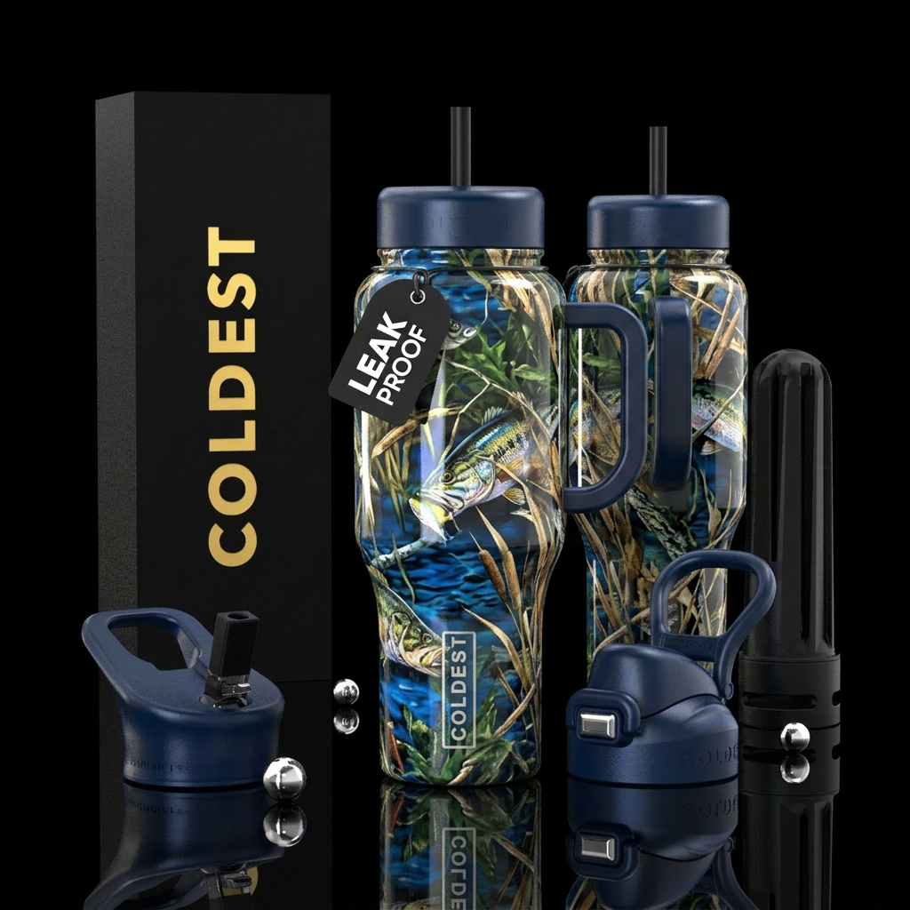 abstract, fishing, camouflage, shiny, realism, ple... water bottle design