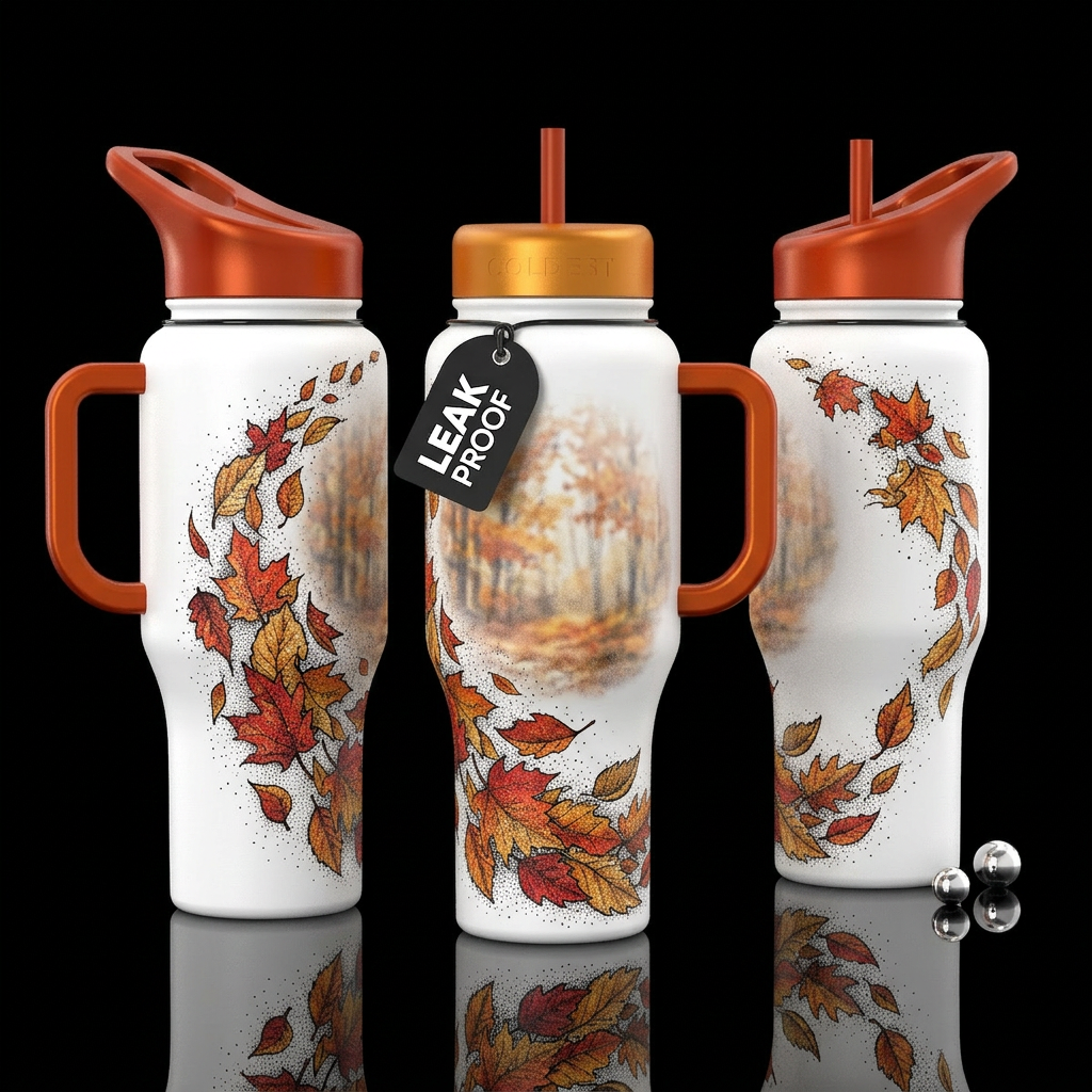 stippling, autumn leaves with a flowing trail behi... water bottle design