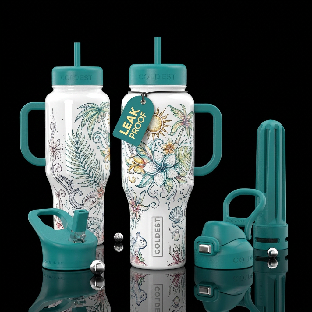stippling, summer wonderland, hand drawn, faded an... water bottle design