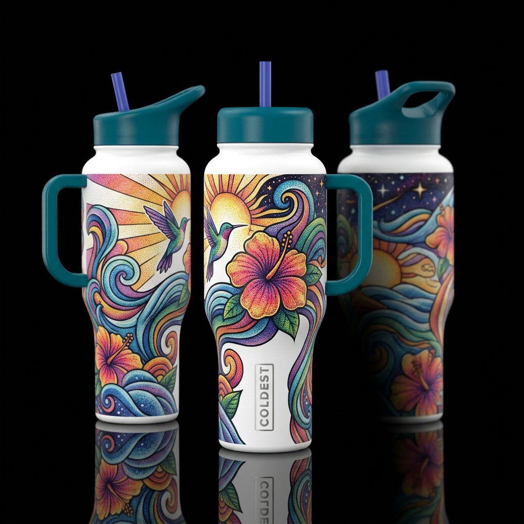 stippling, summer wonderland, hand drawn, faded an... water bottle design