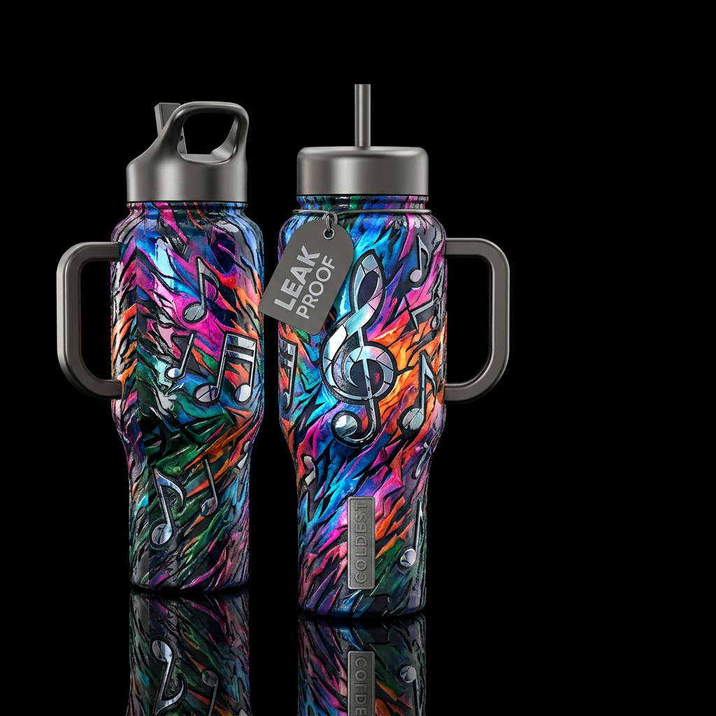 edgy, music notes, abstract, rugged, glossy, reali... water bottle design