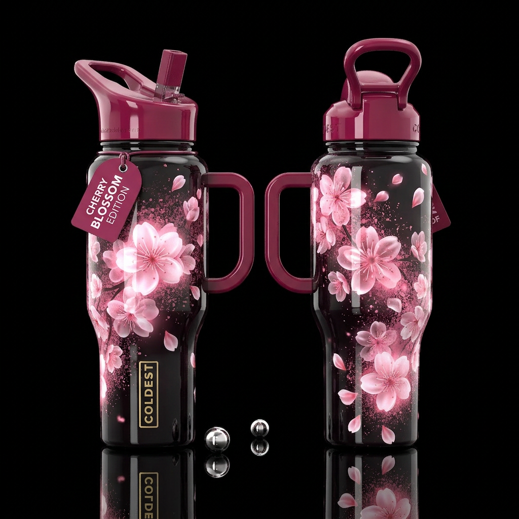 glossy, realism, please show both the front and ba... water bottle design