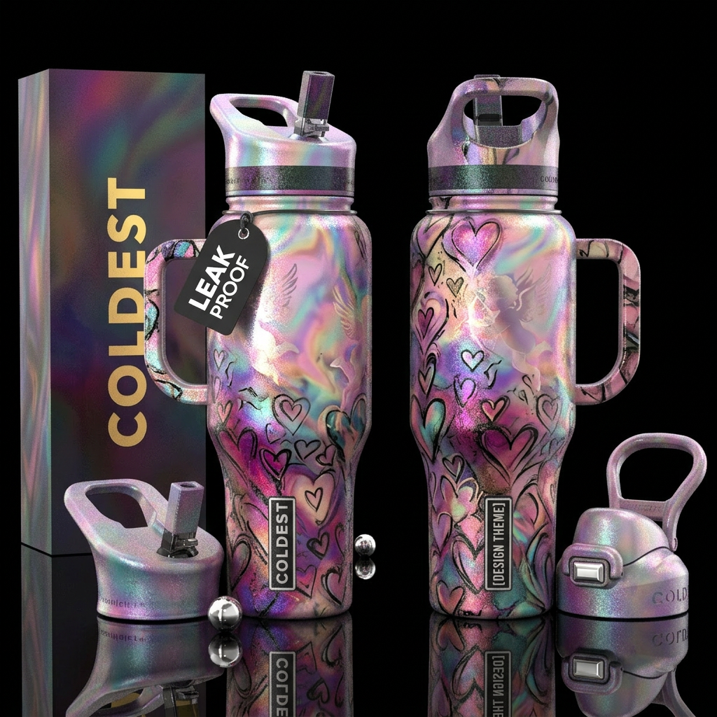 romantic, hearts, cupid, opalescent, abstract, art... water bottle design
