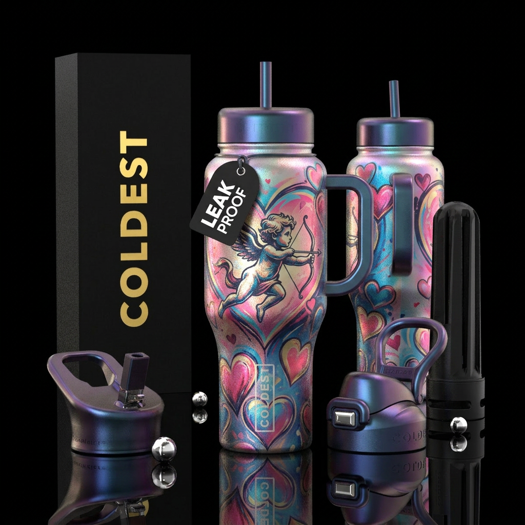 romantic, hearts, cupid, opalescent, abstract, art... water bottle design