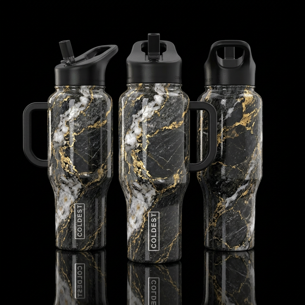 dark granite, white quartz, gold accents, seamless... water bottle design