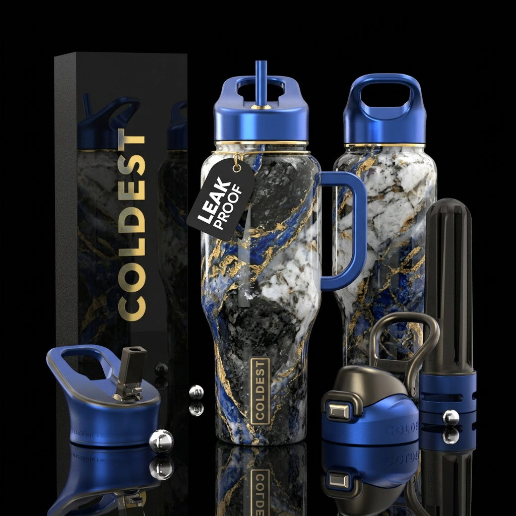dark granite, white quartz, gold and cobalt blue a... water bottle design