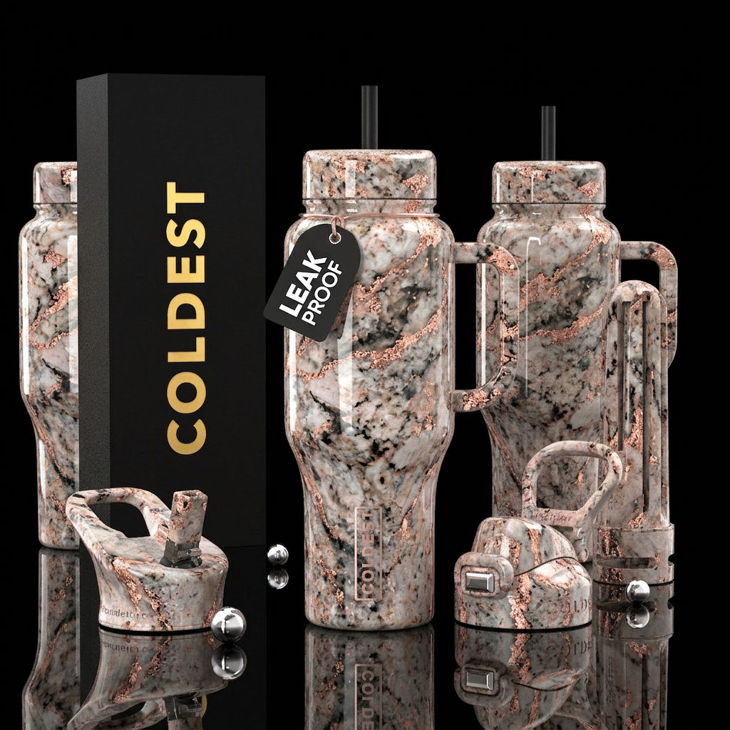 granite, quartz, rose gold accents, seamless, abst... water bottle design